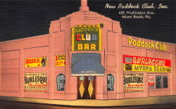 Vintage linen promo postcard dated from 1951 for the famous ‘PADDOCK CLUB’ bar; located on 685 Washington Avenue (at 7th Street); located in Miami Beach, Florida.. Myrna Dean is the dancer featured on the marquee..
