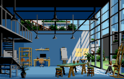 retronator:  Art studio location for Pixel Art Academy.I’ve been working on it for 16h straight today and I cannot stare at it any longer. Not happy with it yet, but gotta move on. Might revisit with some AA. Fun fact: Somewhere around 6-8 hours of
