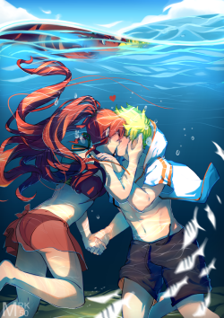 mrk50: Arkos at the Beach 2 I wanted to challenge myself with an underwater scene. Gotta practice… MORE… Under the readmore is a sketch i did for the swimwear! Keep reading  hand holding AND head holding?! WHAT KIND OF FILTH IS THIS?!