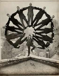 atomic-flash:  Man on Rooftop with Eleven Men in Formation on His Shoulders, Photographer: Unknown, c. 1930. This artwork is part of the MET exhibit: Faking It: Manipulated Photography Before Photoshop. 