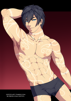 My OC Tyron! It was a comission for a patron =‘)He is one of Thaias seme’s~~BTW it aren’t tattoos! It are scarifications =‘) he is not human, is a shyer. A race that can transform into an animal (each person in a diffferent one). Tyron and his