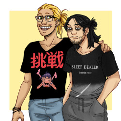 jaegervega:Band shirts! Mic is Gorillaz bc ofc he’d love Gorillaz and Aizawa would love Sleep Dealer bc it’s amazing to fall asleep to 