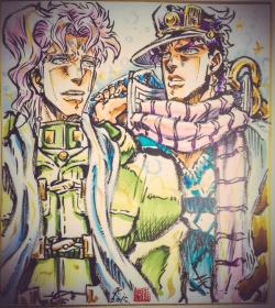 soreys:  This is official art taken from a jojo animator’s twitter in a hypothetical situation if Jotaro and Kakyoin returned to Japan together in the Winter.Translation (very rough feel free to correct) is something along the lines of: “I was interested
