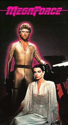 Barry Bostwick in a sexy silver spacesuit and Persis Khambatta lookin&rsquo; like Bianca Jagger in the movie MegaForce, 1982.