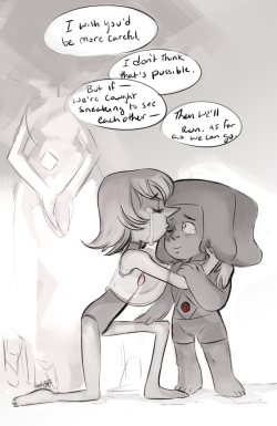 seliza-tale:  Some more rhodonite pearl and ruby- I imagine they had to sneak around in shadowy corners to see each other, and the idea to even fuse was late in their forbidden romance. but I bet running away was always the back up plan they never thought