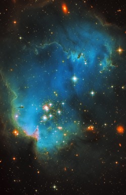 thedemon-hauntedworld:  NGC602 - a young, bright open cluster in the Small Magellanic Cloud  Credit: NASA/Hubble, Oliver Czernetz