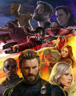 banzai-jinto: greensalamander:  marvelheroes: Avengers: Infinity War (2018)  2/3rds of their Chris’s are confirmed bearded now. What’s under the mask, Pratt?  ok these posters are cool as fuck and im stoked for this movie  but im very tired and the