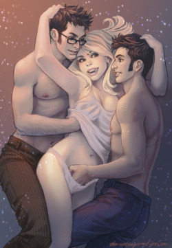 jellyneaufan:  the-untempered-prism:  A belated birthday gift for licieoic, she expressed a desire for some OT3 goodness!  Um…. Wow. 