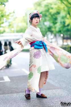 tokyo-fashion:  Japanese fashion student Lisa on the street in Harajuku wearing a vintage kimono along with a sheer top and skirt set borrowed from her sister, vintage accessories, and Oriental Traffic pointy loafers. Full Look