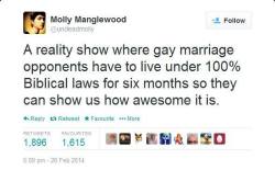 maxxxie74:  zombiesandporn:     georgetakei:  Please. Someone make this happen. Please. http://ift.tt/1pE5oFL   no, seriously. this would be awesome. like, if the contestants are able go two months living under 100% biblical laws, then the producers