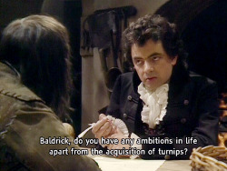 darkinternalthoughts:  Blackadder: So what would you do if I gave you a thousand pounds?Baldrick: I’d get a little turnip of my own.Blackadder: So what would you do if I gave you a million pounds?Baldrick: Oh, that’s different. I’d get a great big