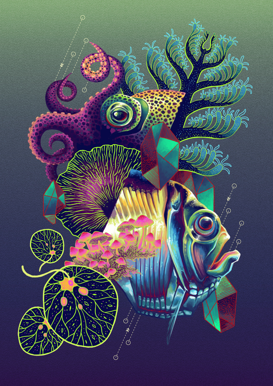 Luminescence emphasizes the textural appearance of light-emitting organisms, intensifying the subtle hints of colors on the usually bright but nearly monochromatic visuals. tumblr · instagram · behance · society6