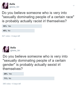 aellagirl:  aellagirl:racist vs. sexist domination So why are kinks more ok if they’re about gender instead of race?  Just because someone prefers a certain race or sex doesn&rsquo;t make them sexist or racist. I also prefer a certain age group, does