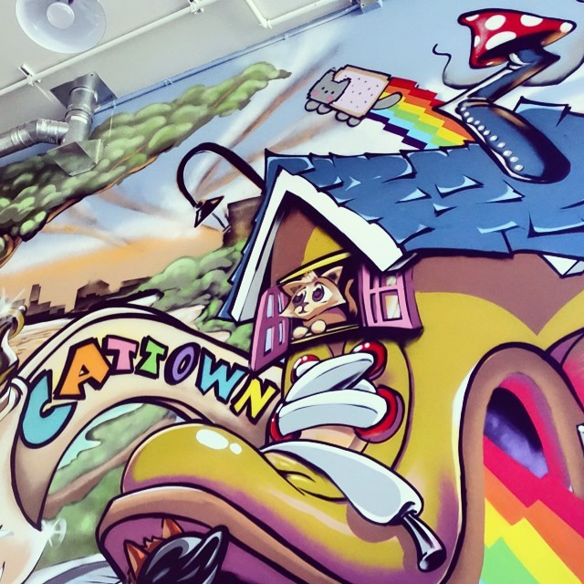 Sneak preview of the &lsquo;Fairyland/Lake Merritt&rsquo; mural inside the Cat Town Cafe! Come check it out for yourself on Oct. 25th, 2014! Spots are filling up quick for opening weekend, so guarantee your entry by making a reservation at www.cattowncafe.com/reservations and help support a great cause &gt;^. .^&lt;