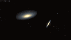lifebeingawkward:  romanoitalia:  fluxinguranus:  procyonvulpecula:  pagannerd:  proxydialogue:  anneretic:  infinity-imagined:  The collision between the Milky Way Galaxy and the Andromeda Galaxy.  the grand showdown  Andromeda is a bit bigger than us.