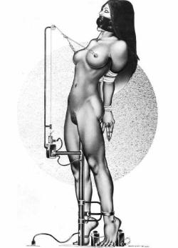 vaultofbondage:  A Bishop image,I love how the device trains the girl to stand via electric shock plungers under her heels