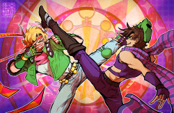 cheppo:    ＢＡＴＴＬＥ  ＴＥＮＤＥＮＣＹ！！  complete! i’ve wanted to do a jojo print FOREVER and of course it’d be my favorite boys. after 5000 years in the void i finally emerge with this. thanks to everyone who joined me in streaming