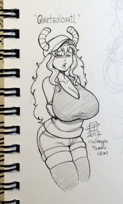 callmepo: Tiny doodle of Quetzalcoatl from Dragon Maid.  Yes. She’s the busty horned gal you have been seeing a lot of lately.  Fun anime and manga btw.  &lt;3 &lt;3 &lt;3