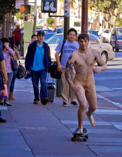 A hot picture of a young male skate boarding naked down a sidewalk. He is undoubtedly feeling the stares of passersby&hellip;and enjoying them.