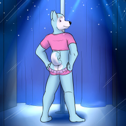 Behind the blue curtain, Topaz.A cocky and sultry husky boy revealed himself from behind the curtain and into the display case.  He was wearing an outfit that screamed ‘sissy boi’, that seemed to be pre-stripped.  He was only wearing a skin tight