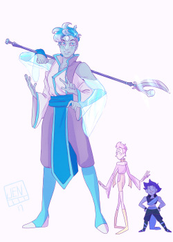 Introducing, Larimar! The fusion between my Gemsona Hauyne (Right) and @l-sula-l‘s Gemsona Lilac (middle)!Due to the incredible trust between Lilac and Hauyne, Larimar is a very peaceful and stable fusion. Is prone to some good nature mischief now and