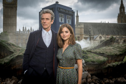 doctorwho:  Peter Capaldi as The Doctor and Jenna Coleman as Clara Oswald crash-landed in Parliament Square in London this morning, just in time for the tomorrow’s series 8 premiere! 