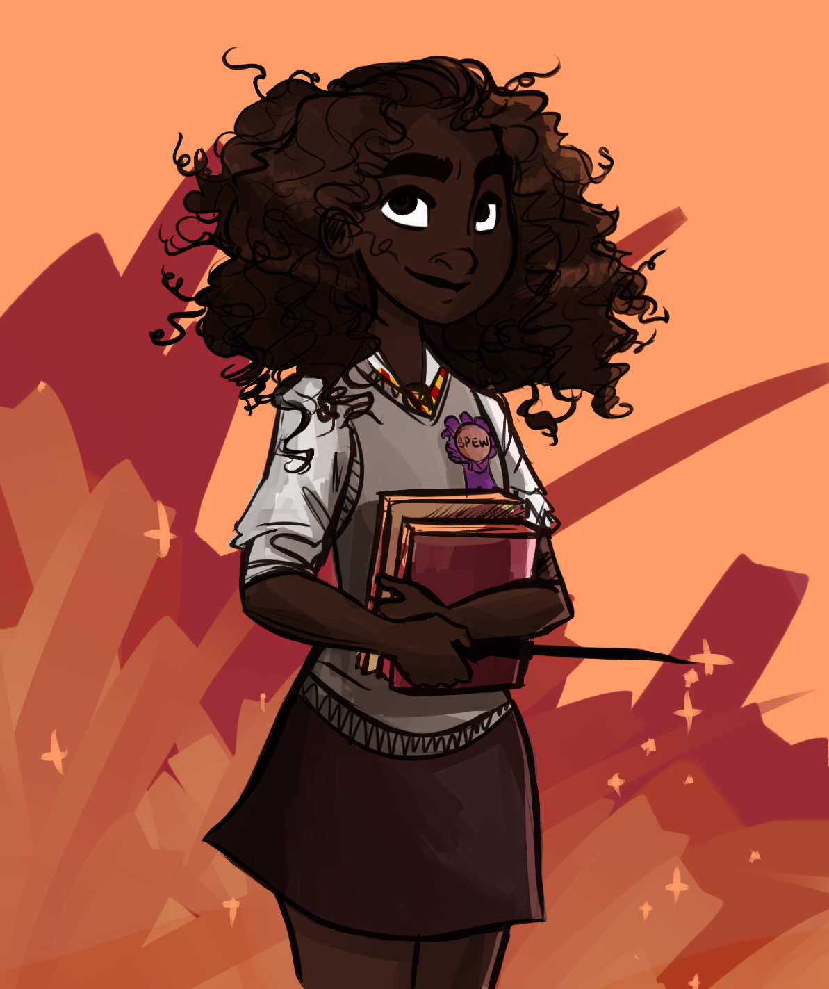 digital fanart of Hermione Granger with long curly dark hair, a few books, a wand.