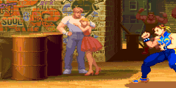dnopls:In Street Fighter Alpha 2, if a female character walks in front of Cody in the background of Guy’s stage, he starts staring and gets punched by Jessica.