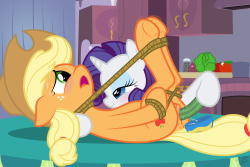 Aaaaaaand we’re back! It’s pony time, ponelikers!Today, we’ve got Rarity and Applejack teaming up to make a nice summer salad for the gang. Here, we can see our busy mares just finishing up the recipe for some delicious home-made dressing. Although