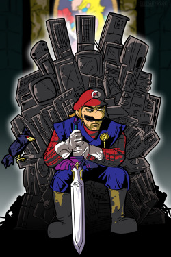 This was commissioned by someone on deviantART called Deviant-Man, and he wanted me to make a Game of Thrones parody with Mario sitting on a throne made out of non-Nintendo game consoles.