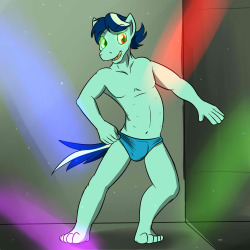 fuzebox:  Jazzy Sparks putting on a nice show for the paying patrons of the Green Glow Club. —- The stallion moaned and danced on the stage. Clad in naught but bikini briefs, he groped and played with his bulge for an empty bar. The mental high he felt