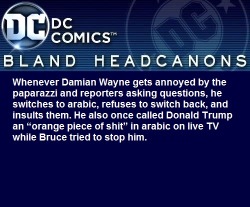 blanddcheadcanons:  Whenever Damian Wayne gets annoyed by the paparazzi and reporters asking questions, he switches to arabic, refuses to switch back, and insults them. He also once called Donald Trump an “orange piece of shit” in arabic on live TV