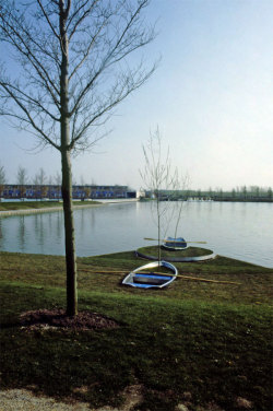 gallowhill:  Personal Island, 1992 by Vito Acconci  The round island is unattached to the land, so you can sit on the boat and go sailing away with your “personal island” 