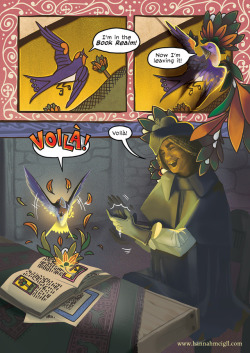 ask-a-warlock: I created a test page to gauge reactions to my concept and style at a writing critique get-together. Margo shows off her ability and I make it clear that I can paint my own characters and settings!