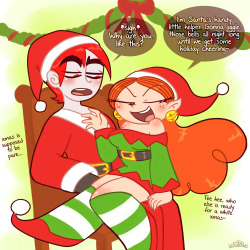 princesscallyie:    Anonymous said: Can you doodle Prinny sitting on Santa’s (Jack) lap Bonus if she’s dressed as an elf too   Here comes Prinny with her seasonal sex jokes yet again. The first pic of my #12DaysofShipmas thing I’m doing where I