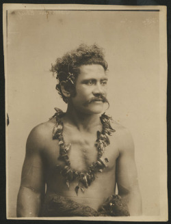 By Thomas Andrew, 1890-1920, via Auckland Museum:Portrait of an unidentified man with a moustache, from waist up, wearing a lei.