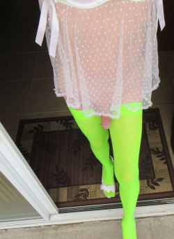 yoursissyfag:  your slutty cocksucking faggot wearing her pretty sheer white babydoll nightie neon thigh high stockings and cfm heels, without panties for easy access, needs you to fill her holes 
