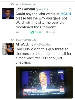 darthdance:  liberalsarecool:  CNN had Joe Walsh on after he threatened  to kill Obama and called for a race war.  CNN is a bottom feeder.  Why isn’t this man in prison? He threatened the president of the United States, that is a FEDERAL OFFENSE.  