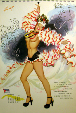 “Rhumba music played in the Night..”Pinup artist Bill Randall illustrates a showgirl wearing a Rhumba dance costume for the month of September, in this 1949-edition of the ‘Kemper-Thomas Company’ promotional calendar..