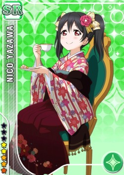 lovelivecommunity:           ‘Taisho Roman’ Version - Nico Yazawa SR                            ‘The Times Are with Me’Attribute: PureAbility: Perfect LockSkill:   For every 22 notes, there is a 30% chance of turning all goods