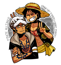 artsycrapfromsai:  Straw Hat Pirates   Heart Piratesi just wanted to draw a little thing for my favorite Pirate Alliance. also it’s been a while since i used this style hahai really like how similar Luffy and Law’s colorschemes are during dressrosa