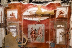 noragaribotti:HERCULANEUM-College of the Augustales-One of the largest frescoes that survived in Herculaneum, depicts Hercules fighting Achelous who had kidnapped Deianira, daughter of Althaea and King Oeneus. Immediately above the fresco, one can glimpse