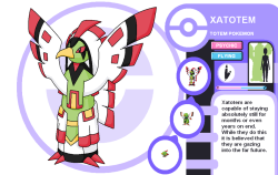 fantasticfakemon:  Natu —&gt; Xatu —&gt; Xatotem Psychic / Flying Source. Artist: Cerulebell (formerly deidara-fuuka) 