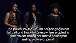 nevaehtyler:  destinyrush:  Watch This Powerful Reminder To Say Sandra Bland’s Name By Kai Davis, Nayo Jones &amp; Jasmine Combs   In their poem “Sandra Bland”, (called after the 28-year-old Black woman who was found hanged in her jail cell in