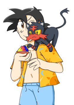 noodlerama: Ash figured out that the only way he can warm up to his fiesty cat is through some famous Alola shaved ice! 