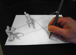 theycallmekaitlyn:  odditiesoflife: Incredible 3D Drawing Illusions Italian artist Alessandro Diddi uses the simple mediums of pencil and paper to create incredible anamorphic pencil drawings that look completely three dimensional. The illusions appear