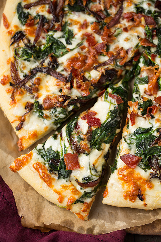 Caramlized Onion, Bacon and Spinach Pizza
