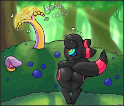 iamaneagle:  Looks like @snekthing‘s gal, Jewel, found her way to the oran berry bush as instructed. Though I don’t think she was quite ready for this sneaky little ekans to pop out of the bush and start to-RATTLE~      RATTLE~            