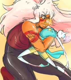 itsjustolee:  warm up doodle of some Jaspearl ^^  Pearl just flinging herself into Jasper’s arms nbd… 
