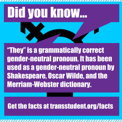sclez:  transstudent:  Singular “they&quot; is a correct gender-neutral pronoun! Don’t let anyone tell you otherwise. Learn more. Click here to retweet. Click here to share on Facebook.  This post is my romantic partner. 